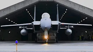 Fast takeoff of US Air Force F-15 Eagle fighters from an air base in Iceland.