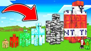 JJ and Mikey SPAWN NEW IRON GOLEM of ALL SIZES : Diamond vs Bedrock vs TNT in Minecraft Maizen!