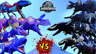 6 DARK VENOM Vs 6 BLUE CAPTAIN AMERICA | Super Hero Dinosaurs Battle !