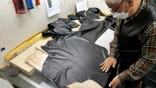 Process of Making Handmade Sheepskin Coat. Leather Artisan With 50 Years of Experience.