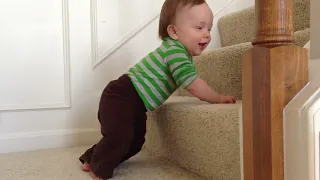 Baby Sam crawling up the steps