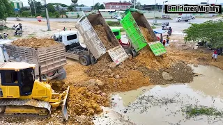 Wonderful Transaction Bulldozer KOMATSU DR51PX Filling up land huge, Dump Truck Unloading