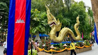 Wat Phnom Decor for Songkran in Phnom Penh City, Cambodia | Happy Khmer New Year 2024, Gold Dragon