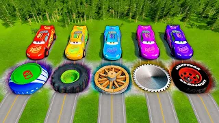 Mega Pixar Cars Pit Transform McQueen Into Mcqueen with Saw Wheels & Different Wheel! BeamNG Battle!