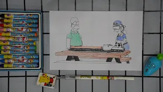 Completed painting of Marge Simpson cutting wood in front of Homer