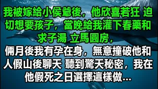 我被嫁給小侯爺後，他欣喜若狂 迫切想要孩子，當晚給我灌下春藥和求子湯 立馬圓房，倆月後我有孕在身，無意撞破他和人假山後聊天 聽到驚天秘密，我在他假死之日選擇這樣做……