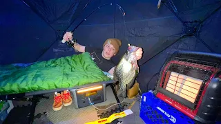 24 hour Ice Camping in Portable Fish House!