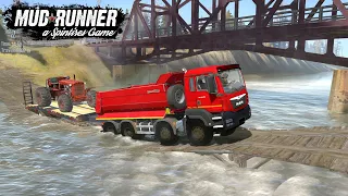 Spintires: MudRunner -  MAN Dump Truck Transporting An Old Tractor Over a Dangerous Bridge