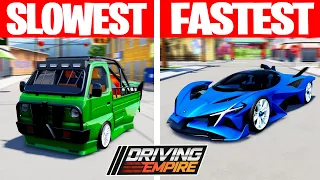 Upgrading from SLOWEST TO FASTEST CARS In Driving Empire Roblox!