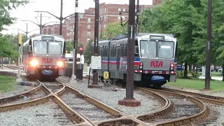 Two Shaker Rapid trains meet at Shaker Square, Cleveland