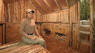 Building Underground Warm Log Cabin Bushcraft Shelter For The Winter, Clay Fireplace