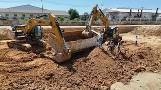 Full Dirt Loading Dump Truck Get Stuck In Wet Condition Recovery By Twos Excavator & Cat Dozer