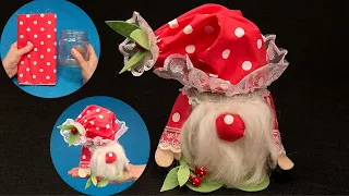 From a glass jar and fabric - doll strawberry gnome surprise!