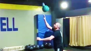 Sergey Rudnev demonstrates power juggling elements with 24 kg kettlebell