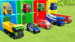 TRANSPORTING MIXER TRUCK, FIRE TRUCK, FIRE DEPARTEMENT, FORD POLICE, AMBULANCE WITH TRUCKS ! FS22