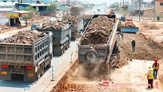 Amazing Powerful Dump Trucks Pouring Soil & Bulldozer Pushing Soil Building Side Road Foundation