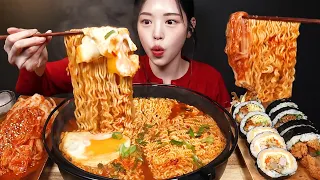 SUB)칼칼한 열라면에 치즈김밥 새우튀김김밥 오징어튀김김밥 먹방!🍜 김장김치까지 분식 꿀조합 리얼사운드 Ramyeon with Gimbap Mukbang Asmr