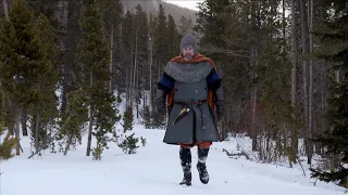 Knight walking around in the snowy mountains