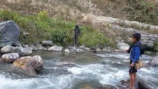 HIMALAYAN TROUT FISHING WITH ANGLING AND BAMBOO STICK IN NEPAL | SMALL RIVER FISHING | ASALA FISHING