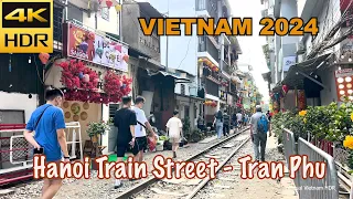 4K HDR | Hanoi Train Street Tran Phu - Hanoi Street Food - Vietnam Walking Tour 2024