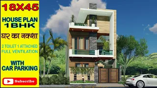 18' x 45' House plan with car parking || 18 x 45 house map 1bhk ||