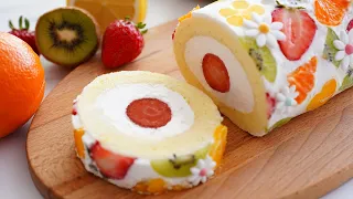 Fruit Soufflé Roll Cake 🍓🍋🥭🍊🥝 / Fruit Fresh cream roll cake  / Dojima Roll