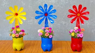 Recycle Plastic Bottles into Beautiful Sun Flower Pots Growing Moss Roses | Garden Design