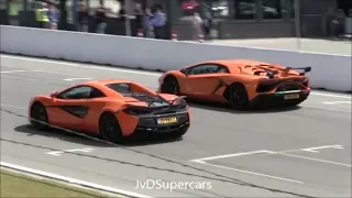 McLaren 570S Spider vs Aventador SVJ vs 700HP S8 D4 vs 991.2 GT3 - Dragrace