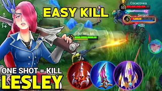 Top global lesley new damage build emblem 2024||  one shot one kill !! mobile legends