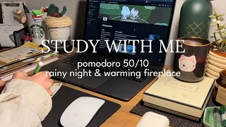 3-HR STUDY WITH ME ☔️🪵 Night Fireplace, Relaxing Rain for focus Pomodoro 50/10 Timer Real time