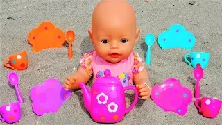 Polina playing with Baby  Dolls & Toy Tea Set  Funny Video for kids