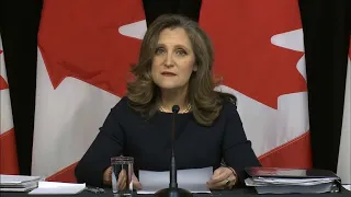 Finance Minister Chrystia Freeland speaks with reporters about her latest budget – April 16, 2024