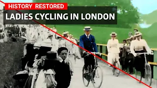 1899 Ladies cycling display in London | Restored Quality
