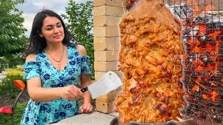 Giant and Very Juicy Chicken SHAWARMA Fried on a Vertical Grill