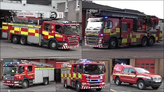 Fire engines, ladder trucks and a support unit responding on a day in Scotland