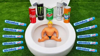 Experiment !! Stretch Armstrong VS Fanta, Cola, Monster, Fruko and Mentos in toilet