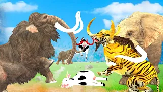 Giant Tiger Bull Attack Elephant Fight Cow Cartoon Buffalo Saved by Woolly Mammoth Vs 3 Zombie Bulls