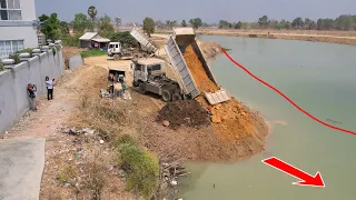 #Ep5 The Bulldozer Skill Driver Pushing Soil Drop Into Water deep 18M With Dump Trucks 10wheel