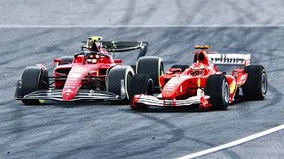 Ferrari F1 2022 vs Ferrari F1 2004 at Donington Park