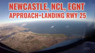 Newcastle NCL airport, England, UK: Approach + landing runway 25. Airbus cockpit view. With ATC. 4k.