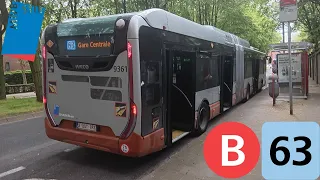 (Bus stib) Voyage complet ligne 63 Gare Centrale à Cimetière de Bruxelles Urbanway 18 Hybrid n°9361.