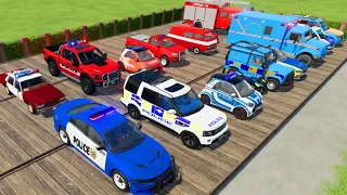 TRANSPORTING CARS, FIRE TRUCK, POLICE CARS, AMBULANCE OF COLORS! WITH TRUCKS! - FARMING SIMULATOR 22