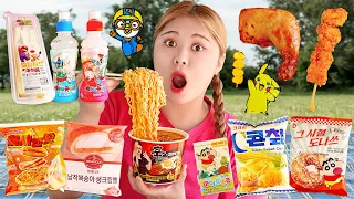 Korean Convenience Store Food Mukbang 글래스 아트 야외 편의점 음식 먹방! 컵라면 치킨 뽀로로 REAL SOUND | HIU 하이유