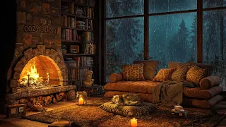 Rainy Night Forest in Cozy Secret Nook 🌧️ Smooth Jazz & Crackling Fire, Rain on Window Sounds 4K