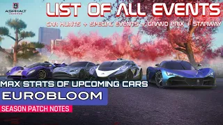 Asphalt 9 EUROBLOOM Season Patch Notes List of all Events Car Hunt Max Stats of New Cars