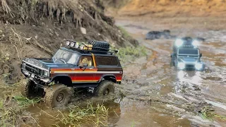 Traxxas TRX-4 Ford Bronco and Defender long muddy trail