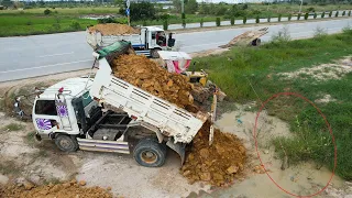 New Small Project Starting With Wonderful Action Dump Truck Spreading Dirt Bulldozer Moving Dirt