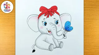 Happy Baby Elephant With butterfly drawing