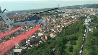 Mi-24 Hind formation flight lowpass over Prague with smoke in national colors