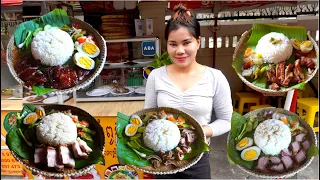 BBQ Pork Belly, Roasted Duck with Steamed Rice on Banana Leaf & Basket | Cambodian Street Food